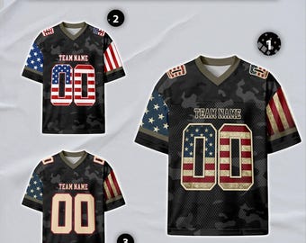Custom Football Jersey, Camo Vintage USA Flag Cream Black-Olive Design, Personalized Name Number Team Logo for Men Women Uniform Fan Gift