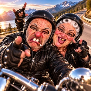 May include: Two individuals wearing black leather motorcycle jackets and black open-face helmets. The person on the left has a cigarette in their mouth and is pointing forward. The person on the right is smiling with a gold tooth visible.