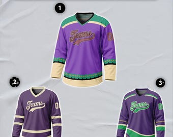 Custom Purple Mint - Beige Hockey Jersey, Personalized Name Number Logo Sports Hockey Long Sleeve for  Matching Team