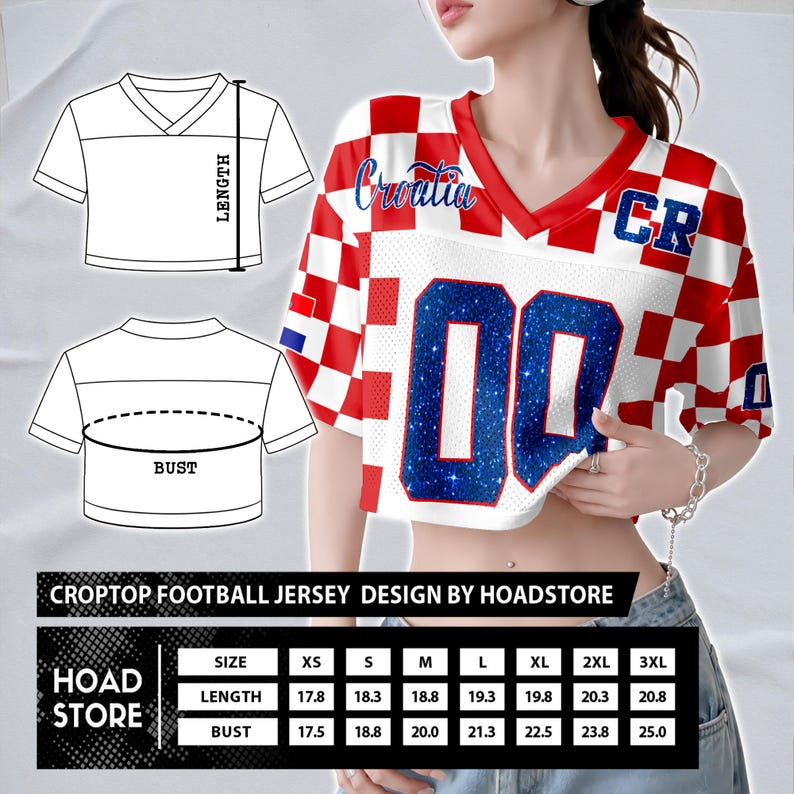 May include: A white and red checkered crop top football jersey with the word "Croatia" and the number "00" in blue glitter. The jersey has a V-neck and short sleeves. The image includes a size chart.