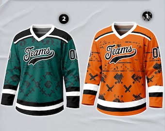 Custom Midnight Green Brown-Cream Tribal Indigenous Grunge Splash Hockey Jersey, Personalized Name Number Logo Hockey Long Sleeve for  Team