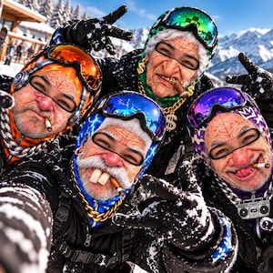 May include: Four individuals wearing black winter jackets, ski goggles, and balaclavas with printed faces. They wear gold-tone chain necklaces, including one with a dollar sign and one with a boombox pendant. They are smoking cigars.