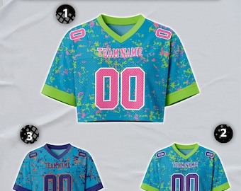 Custom Teal Pink Neon Green Football Crop Top Jersey for Women, Personalized Name Number Logo Mesh Shirt, Cheer Crop Top for Girls