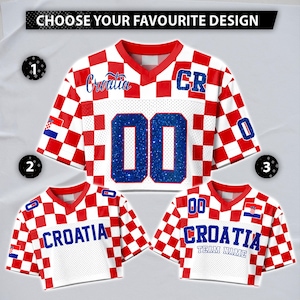 May include: Three Croatia-themed sports jerseys with red and white checkered patterns. The jerseys feature the word "Croatia" and the number "00" in blue. The top of the image reads "CHOOSE YOUR FAVOURITE DESIGN".