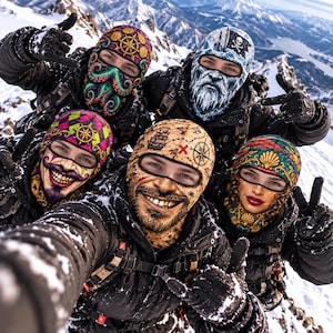 May include: Five individuals wearing full-face balaclavas with distinct graphic prints, including a pirate map, a skull and crossbones, a jester face, a sea creature, and a seashell pattern, while wearing black winter jackets and gloves.