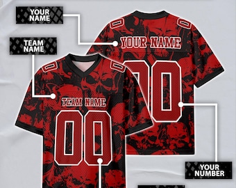 Custom Football Jersey, Black Red-White 3D Skull Design, Personalized Name Number Team Logo for Men Women Uniform Fan Gift