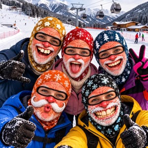 May include: Five people wearing balaclavas with printed faces of elderly individuals featuring white beards, mustaches, and various expressions. The headwear includes patterns of flowers, snowflakes, and musical notes in yellow, red, blue, orange, and black.