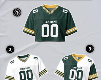 Custom Green Yellow White Football Crop Top Jersey for Women, Personalized Name Number Logo Mesh Shirt, Cheer Crop Top for Girls