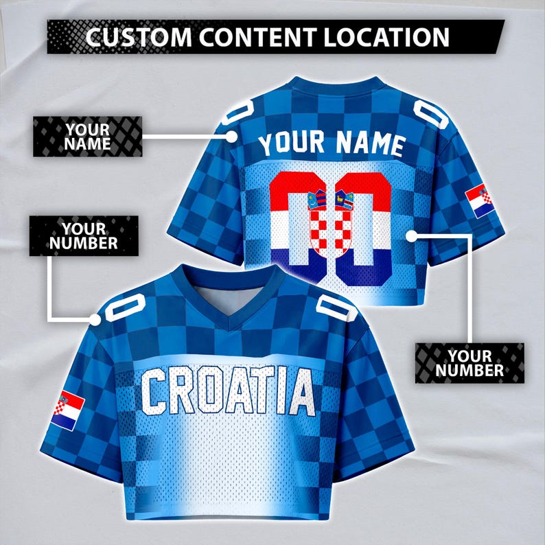 May include: Blue and white Croatia-themed crop top with a checkered pattern. The top features the word "CROATIA" and the Croatian flag. The back of the top has the text "YOUR NAME" and a number with the Croatian flag design.