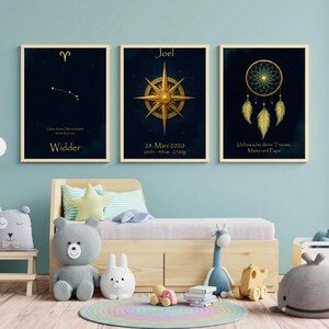 Set de 3 pósteres de regalo de nacimiento: Cielo estrellado, Brújula de nacimiento, Animal guardián de los sueños – Personalizados | BeatXMaster Visuals