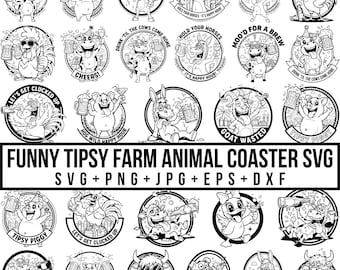 Funny Tipsy Farm Animal Coaster Svg Bundle, Drunk Cow Pig Horse Chicken Designs, Farm Humor Svg, Cut Files for Cricut & Laser