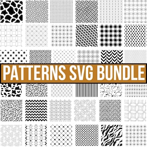 Puede incluir: Una colección de varios patrones en blanco y negro, incluyendo formas geométricas, estampados de animales y diseños florales. El texto "PATTERNS SVG BUNDLE" se muestra en una pancarta dorada. Los patrones están dispuestos en una cuadrícula.