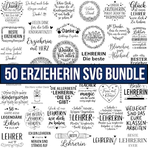 Könnte beinhalten: Eine digitale Sammlung von 50 schwarz-weißen SVG-Designs mit deutschen Texten und Grafiken für Erzieher und Lehrer, darunter Sprüche wie Danke, Beste Erzieherin und Lehrer, verziert mit Herz-, Blumen- und Bleistiftmotiven.
