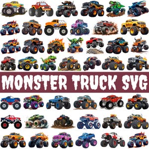 Könnte beinhalten: Eine Sammlung farbenfroher Monster-Truck-Illustrationen. Die Trucks weisen verschiedene Designs auf, darunter Flammen, Dinosaurier und Kronen. Der Text "MONSTER TRUCK SVG" wird in einem weinroten Banner angezeigt.