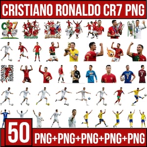 Może przedstawiać: Cyfrowa kolekcja 50 pojedynczych obrazów PNG przedstawiających Cristiano Ronaldo w różnych pozach piłkarskich, w tym podczas biegu, kopania piłki i trzymania trofeów. Obrazy znajdują się na białym tle z czerwonymi banerami na górze i dole.
