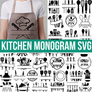 Könnte beinhalten: Eine Person trägt eine braune Schürze mit einem Design aus Kochmütze und gekreuzten Messern. Das Bild zeigt auch eine Sammlung von schwarz-weißen Küchen-SVG-Designs, darunter Utensilien, Schürzen und dekorative Elemente. Der Text "KITCHEN MONOGRAM SVG" wird angezeigt.