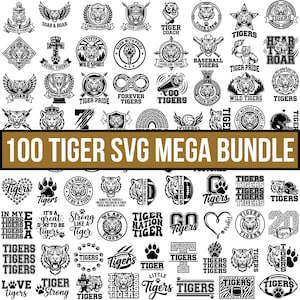 Könnte beinhalten: Eine digitale Sammlung von 100 schwarz-weißen Grafikdesigns zum Thema Tiger, die verschiedene Illustrationen von Tigerköpfen, Pfotenabdrücken, Sportgeräten und Textelementen wie Tigers, Tiger Pride und Go Tigers in einem Raster zeigen.