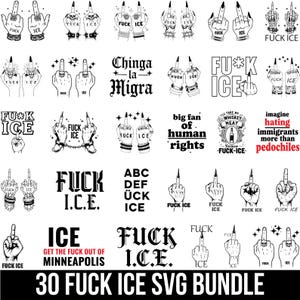 May include: A black and white SVG bundle featuring various hand gestures with the middle finger raised, along with text such as "FUCK ICE" and "Chinga la Migra". The bundle includes 30 designs.