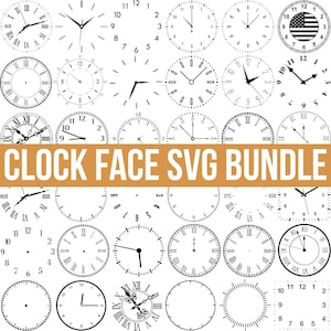 Pode incluir: Uma coleção de designs de mostradores de relógios em preto e branco, incluindo algarismos romanos, arábicos e estilos minimalistas. O texto "CLOCK FACE SVG BUNDLE" é exibido em uma faixa bege.