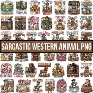 Könnte beinhalten: Eine digitale Sammlung von Grafikdesigns mit verschiedenen Tieren in Western-Kleidung und humorvollen Texten, darunter Krokodil, Enten, Kühe, Bären, Flamingos, Frösche, Lamas, Waschbären und Schweine, angeordnet in einem Raster mit braunem Banner.