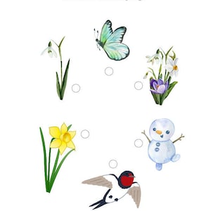 Könnte beinhalten: Aquarellillustration mit Frühlingsmotiven. Das Bild zeigt einen Schmetterling, Schneeglöckchen, Narzissen, einen Vogel, einen Schneemann und den Text: "Jahreszeiten, Welches Element zeigt den Frühling an?"