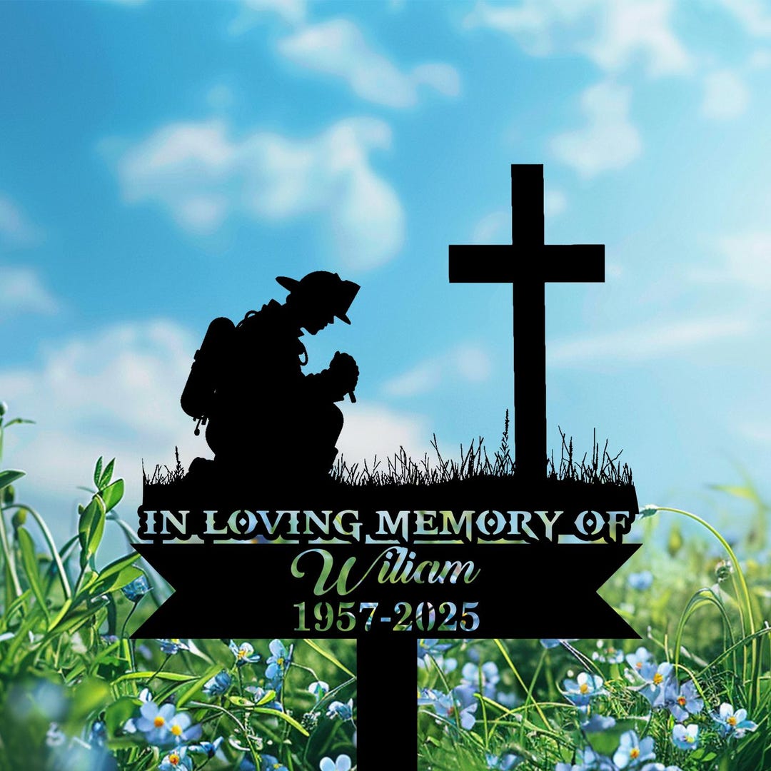 Personalized Fireman Kneeling at Cross Metal Stake, Memorial ...