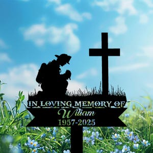 Personalized Fireman Kneeling at Cross Metal Stake, Memorial Firefighter Metal Sign, Custom Fireman Name Sign, Grave Marker, Fireman Loss.