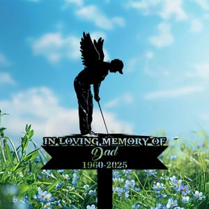 Personalized Golfer with Wings Memorial Stake, Custom Golf Metal Grave Marker, Golf Tribute Gift for Dad or Grandpa, Outdoor Decor