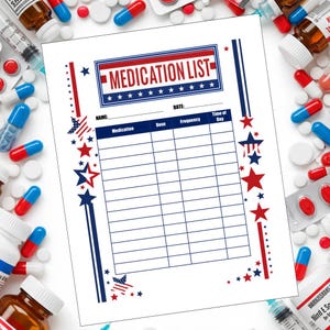 Fillable Medication List PDF | Digital Medication Tracker | Printable Medicine Organizer | Instant Download Stars and Stripes Patriotic