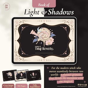 Puede incluir: Un planificador digital titulado "Book of Light & Shadows" con un fondo negro y un diseño floral. La portada presenta el texto "Tidal Reverie". Se muestran portadas adicionales a continuación, junto con texto que indica 4 diseños de portada, 905 páginas y contenido totalmente hipervinculado.