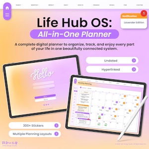 Puede incluir: Interfaz digital Life Hub OS: All-in-One Planner mostrada en dos tabletas con un fondo degradado lavanda y naranja. La pantalla muestra un calendario de planificación mensual, pestañas de navegación y botones para pegatinas y diseños.