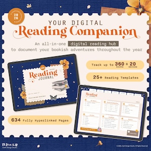 Puede incluir: Un diario de lectura digital en dos tabletas sobre un fondo azul oscuro. El texto dice Your Digital Reading Companion, track up to 360 books and 20 series, 25+ reading templates y 634 fully hyperlinked pages con detalles de flores.