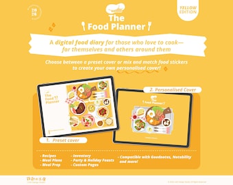The Food Planner - Yellow Edition I Meal Planner I Meal Prep & Planning I Digital Planner I Grocery List I Recipe Book I Food Stickers