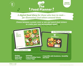The Food Planner - Green Edition I Meal Planner I Meal Prep & Planning I Digital Planner I Grocery List I Recipe Book I Food Stickers