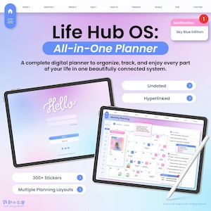 Puede incluir: Una interfaz de planificador digital titulada Life Hub OS: All-in-One Planner mostrada en dos tabletas con fondo degradado. Una tableta muestra una pantalla de inicio de sesión, la otra un calendario mensual con un lápiz óptico blanco al lado.