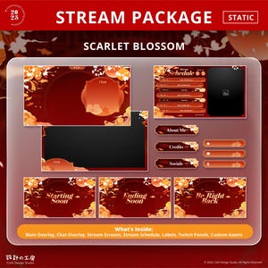 Op de afbeelding: Een digitaal stroompakket met een rood en oranje bloemthema, getiteld "Scarlet Blossom". Bevat overlays, stream schermen, een schema, labels en aangepaste assets. Het pakket bevat tekst zoals "Starting Soon", "Ending Soon" en "Be Right Back".