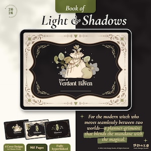 Könnte beinhalten: Ein digitaler Planer mit dem Titel "Book of Light & Shadows" mit einem dekorativen Rahmen und einer zentralen Illustration eines weißen Kleides mit floralen Akzenten. Das Bild enthält den Text "keeper of Verdant Haven" und zusätzliche kleinere Planer-Cover-Designs.