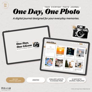 May include: Two tablets displaying a digital photo journal titled One Day, One Photo. The interface features a 365-day photo gallery, three gallery layouts, and twelve journal templates. A vintage camera illustration is included in the design.