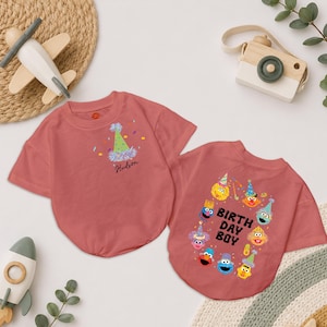 May include: Two dusty rose short-sleeve t-shirts. The left shirt features a green party hat graphic and the name Hudson. The right shirt displays a circular arrangement of colorful Sesame Street character faces, party hats, and the text BIRTH DAY BOY.