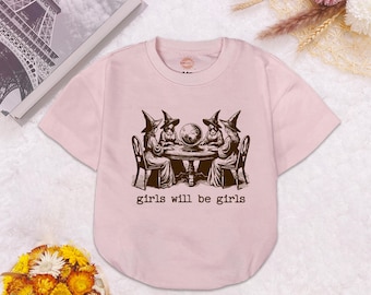 Kombinezon niemowlęcy Girls Will Be Girls, zabawny wiedźmowy body, strój bańki w stylu vintage z sabatu czarownic, upiorna feministyczna koszulka dla niemowląt