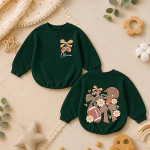 Tutina da calcio neutra personalizzata, body con fiocco personalizzato Coquette, tutina a bolle con stampa fronte e retro per il giorno della partita, grazioso completino autunnale per neonati
