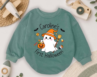 Spersonalizowany kombinezon niemowlęcy na pierwsze Halloween, spersonalizowane body z motywem ducha, uroczy kostium czarownicy z bańką, strój niemowlęcy na „cukierek albo psikus”, jesienny prezent dla dziecka