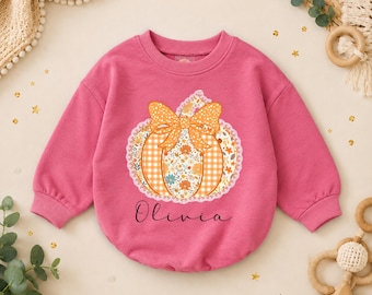 Pelele de bebé personalizado con calabaza, body de otoño con nombre personalizado, body floral de otoño, lindo conjunto de Acción de Gracias, ropa de otoño para bebé niña