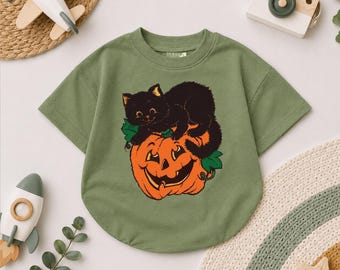 Retro kombinezon niemowlęcy z czarnym kotem i dynią, body vintage na Halloween, jesienny strój niemowlęcy, jesienny kombinezon z dynią, uroczy prezent dla miłośnika kotów