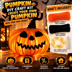 Puede incluir: Un kit de manualidades de calabaza que incluye limpiapipas de chenilla naranjas y negros y una tira de luces LED de 2 metros. El kit contiene materiales para crear una calabaza con tallo, ojos y boca dentada en negro, iluminada con luz blanca cálida.