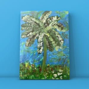 Arte tropicale con albero di cocco - Poster artistico astratto colorato dipinto a mano / Download digitale stampabile / Decorazione per la casa tropicale / Download immediato