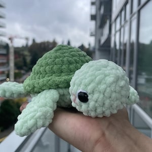 May include: A crocheted turtle toy in green hues. The turtle features a textured shell and a soft, rounded body with black eyes. The plush toy is a charming, whimsical design.