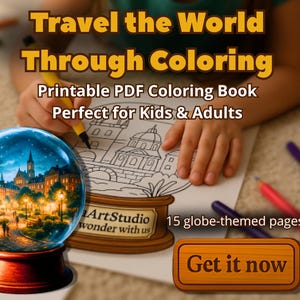 Magical City Coloring Scene | Printable Globe-Themed Coloring Page for Kids & Adults | Travel Art Activity