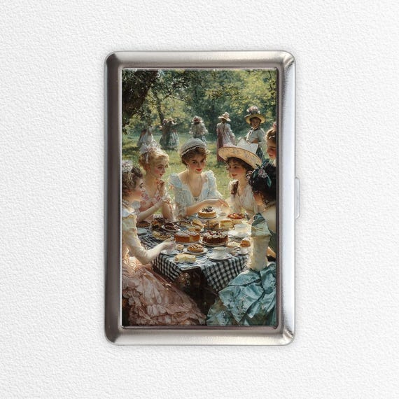 ladies cigarette case Vintage Metal Box Cigarette Case Victorian Ladies' Elegant Afternoon Tea  Social in the Garden Wallet Storage Box