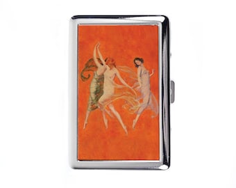 Estuche para cigarrillos con tres mujeres bailando en ropa suelta, billetera vintage de metal.
